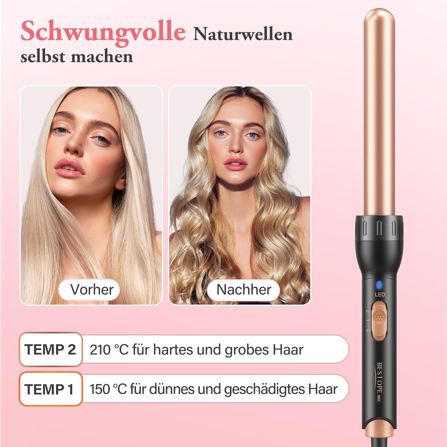 Thumbnail 4 de 5-in-1 Lockenstab Keramik Set mit 32/25/19-25/19/10 mm Aufsatz – Schnellaufheizung, 110V-240V, Anti-Burn
