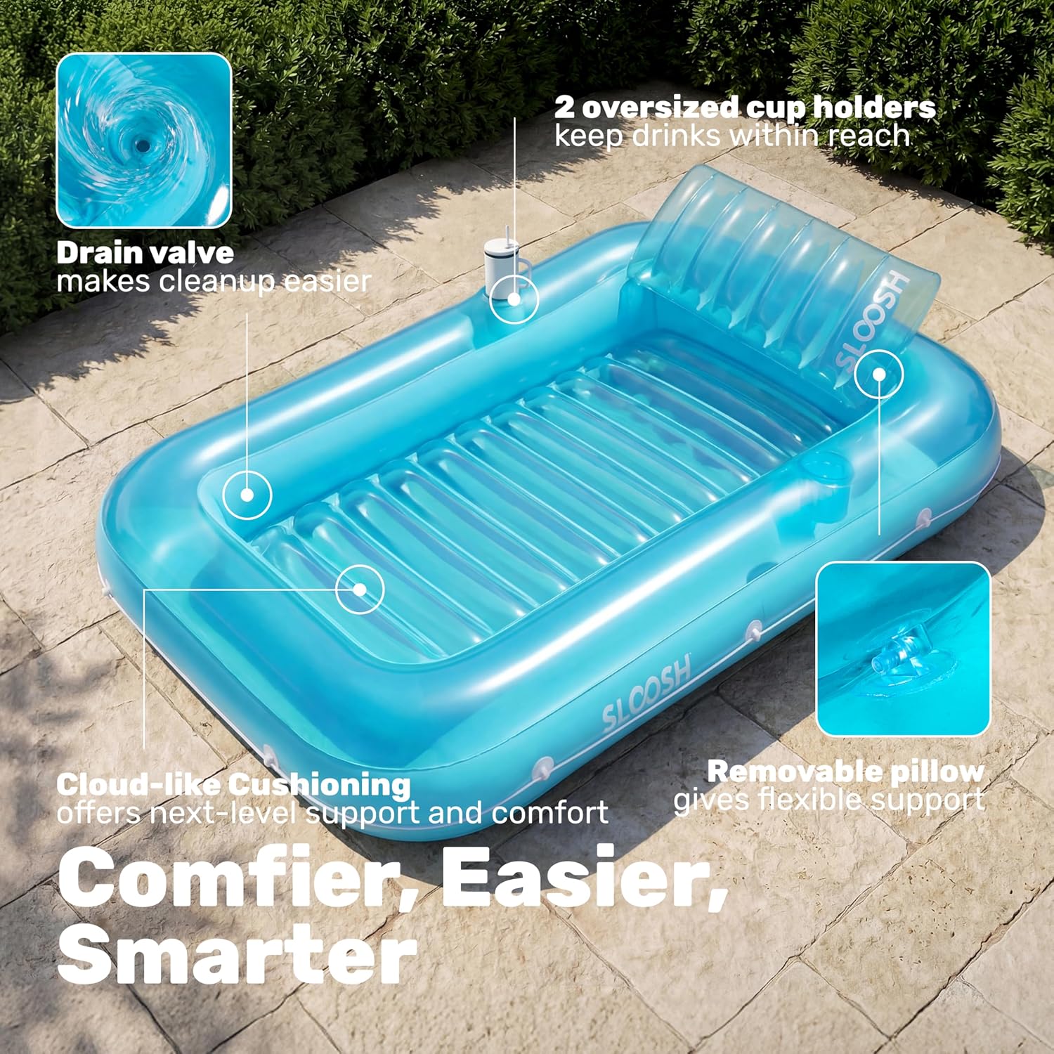 Thumbnail 3 de SLOOSH Inflatable Tanning Pool Lounger Float (70" x 46") with Removable Pillow, L-Blue