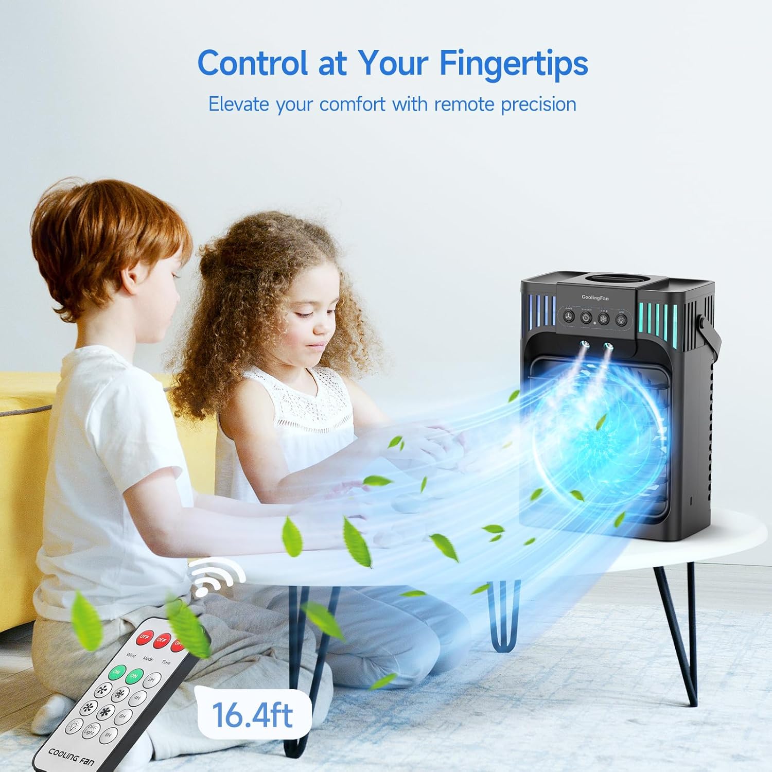 Detalle de Portable Air Conditioner Cooling Fan with Remote – 1200ml Mini Cooler, 3 Speed Settings, Mist Function and LED Night Light