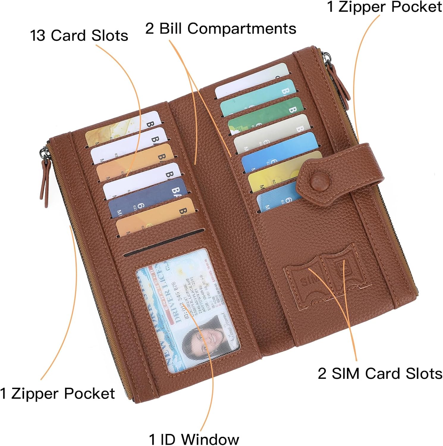 Detalle de GOIACII Womens RFID Blocking Wallet: Large Bifold with 13 Cards, Double Zip, White/Brown