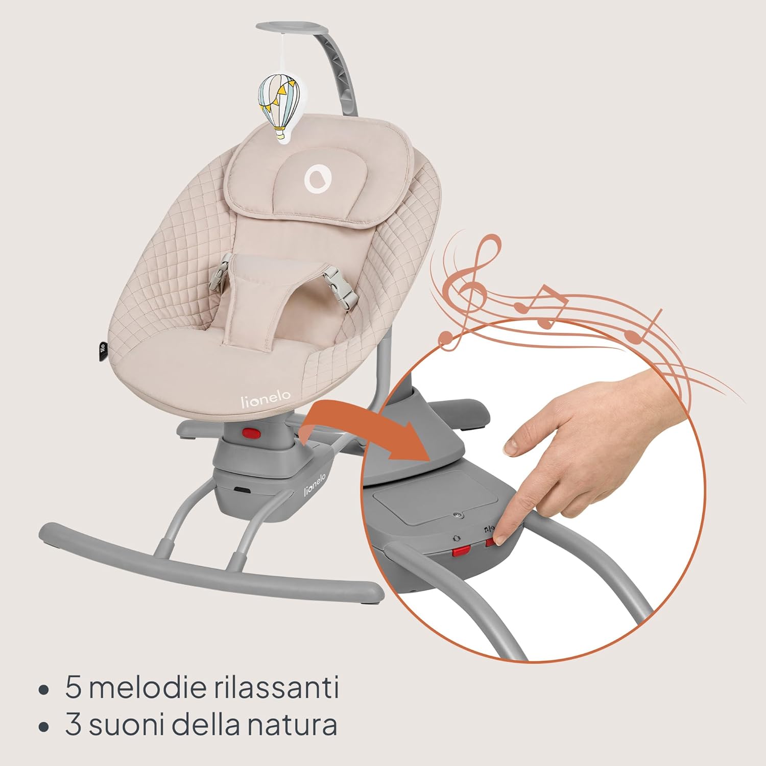 Thumbnail 4 de LIONELO RIO Dondolo elettrico per bambini con schienale regolabile e archetto giocattolo