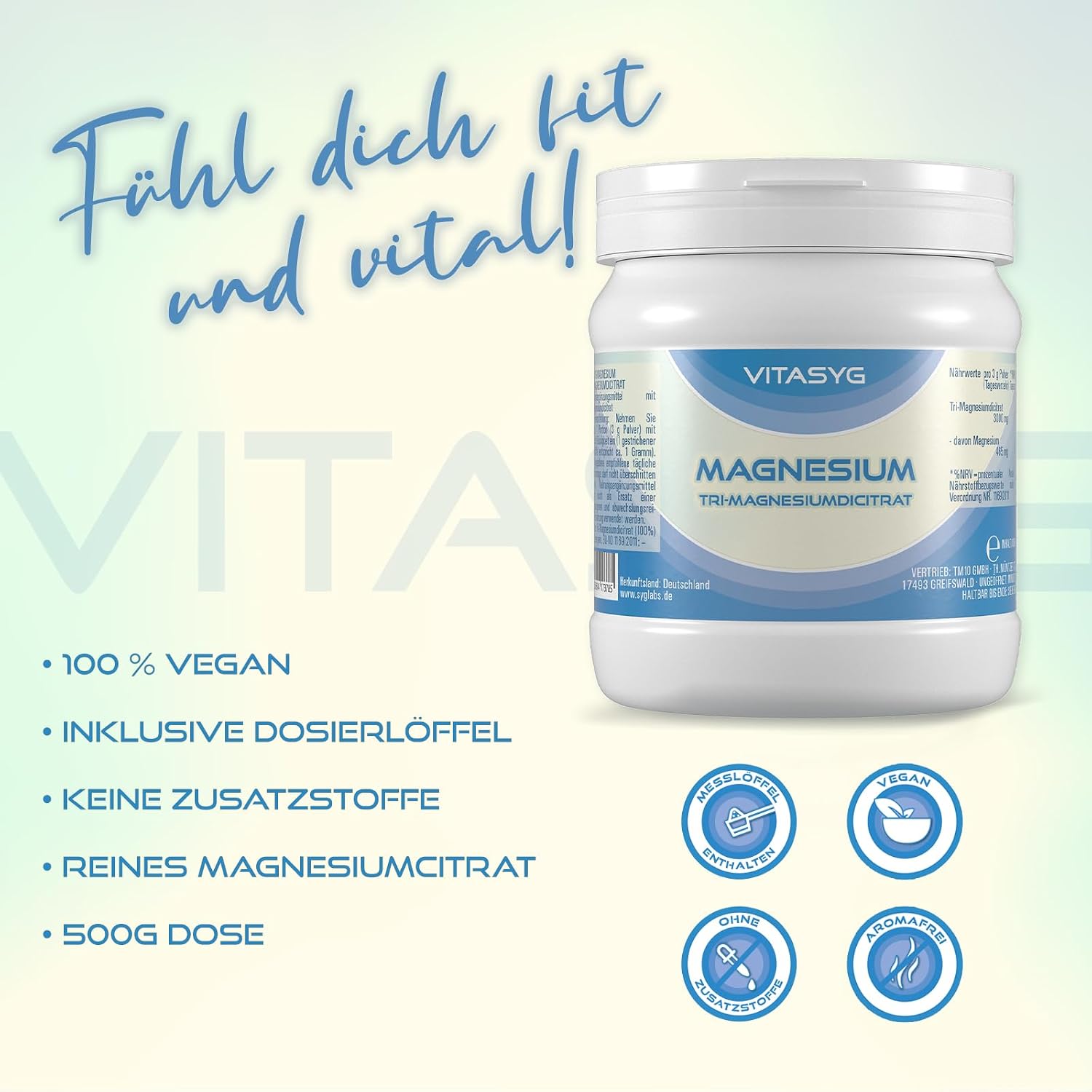 Thumbnail 6 de Vitasyg Tri-Magnesiumdicitrat Pulver (500 g) – Magnesiumcitrat vegan, ohne Zusätze inkl. Messlöffel