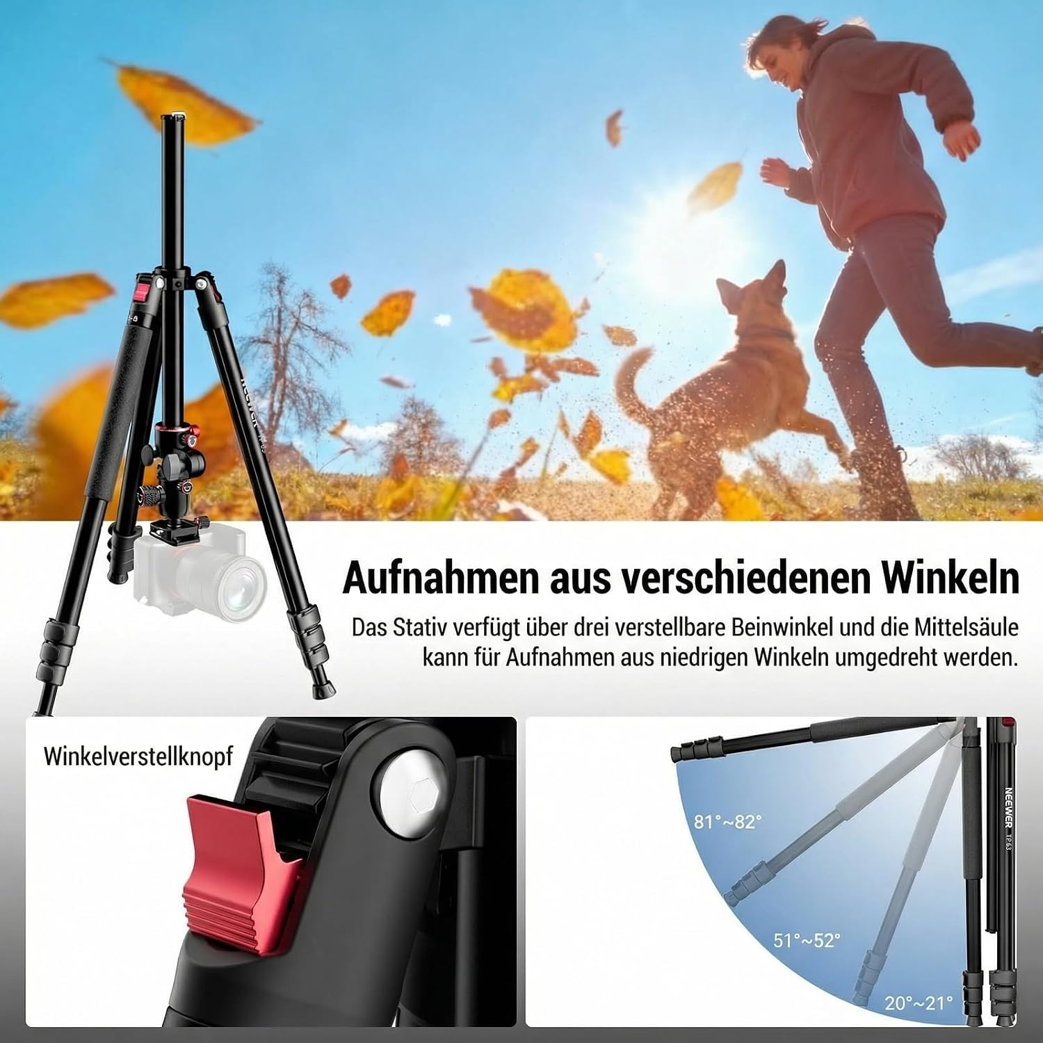 Detalle 2 de NEEWER 90 Zoll horizontales Kamerastativ mit Kugelkopf und umgekehrten Beinen – zuverlässig für DSLR-Video und Fotografie