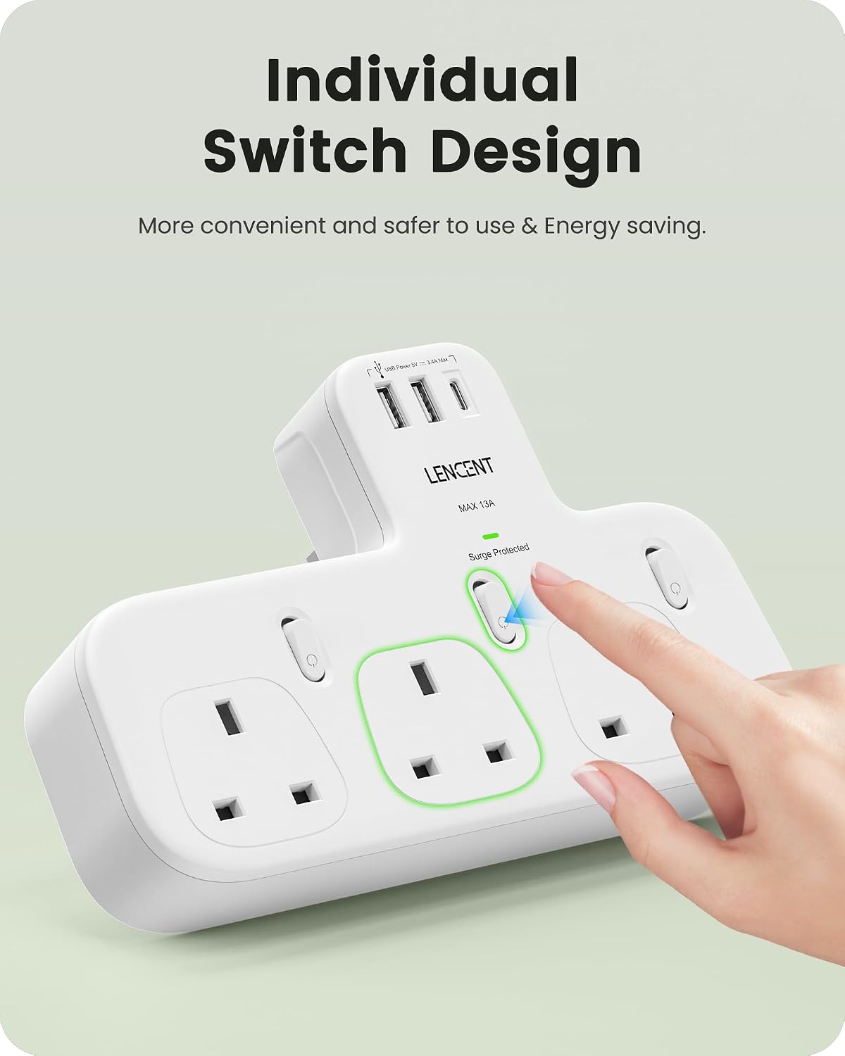 Detalle 2 de LENCENT 3-Way Plug Extension with Surge Protection, 1 USB-C and 2 USB-A Ports (13A, 3250W)