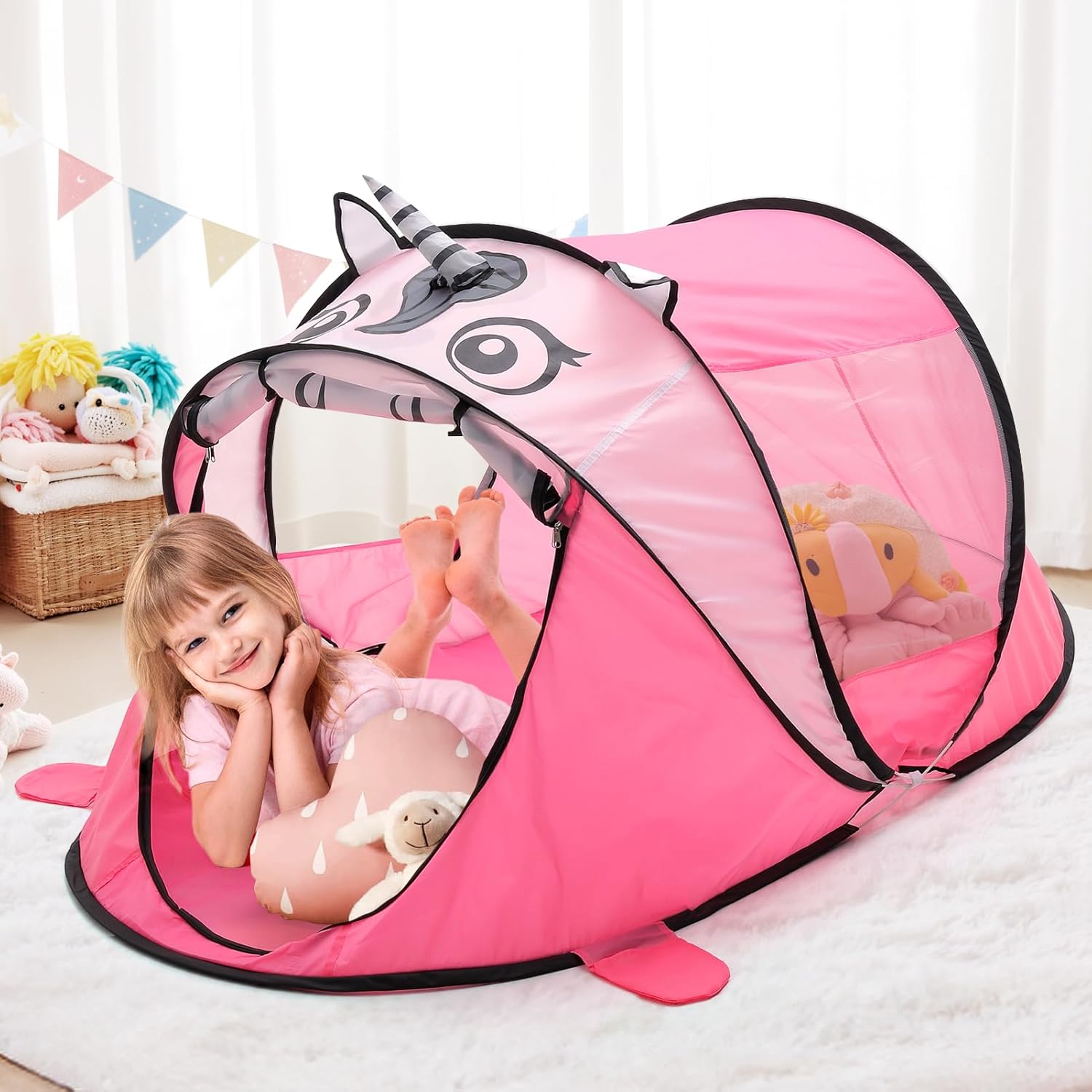 Detalle de BTGGG Kids Pop Up Tent – Foldable portable playhouse for indoor & outdoor play (Pink Unicorn, 182 x 96 x 82cm)