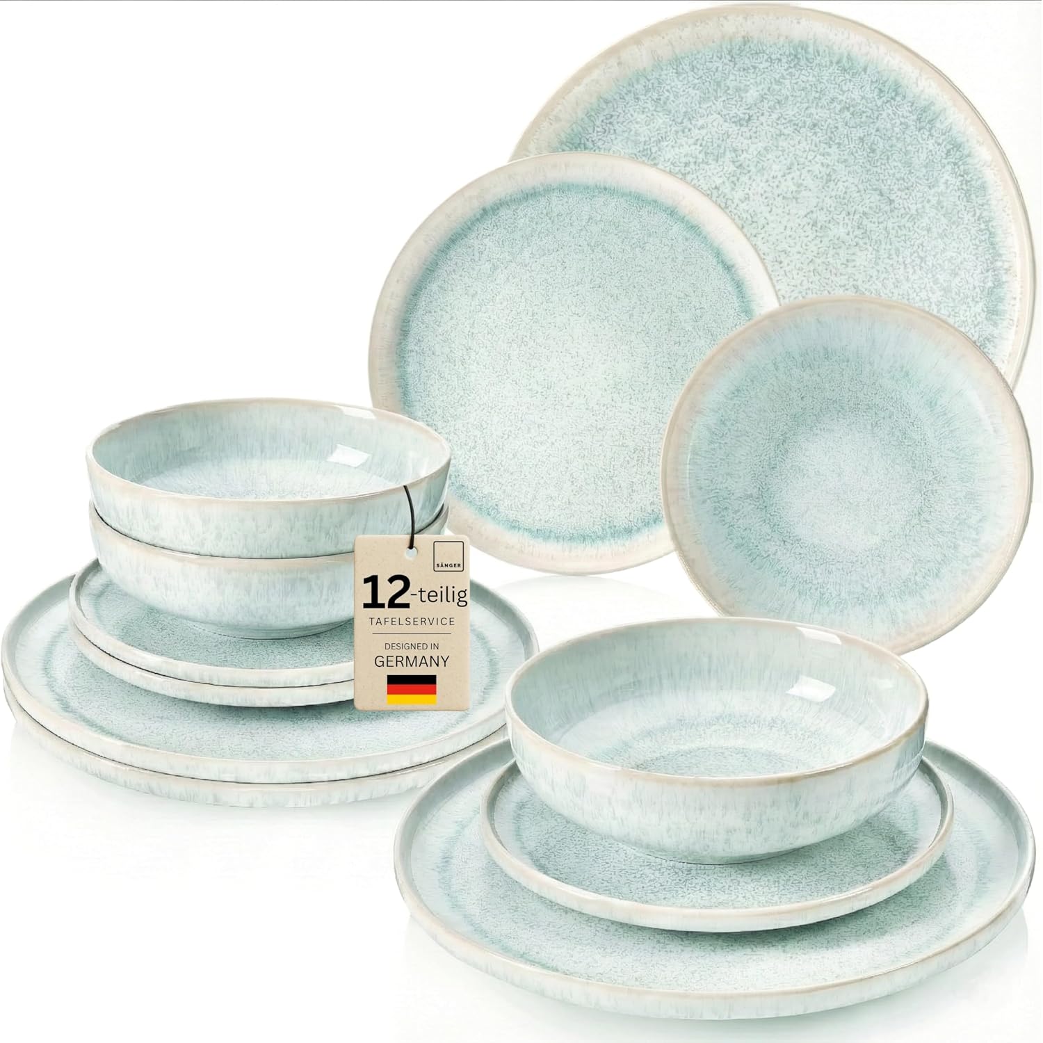 Detalle de SÄNGER Geschirrset Paros (12-teilig) für 4 Personen – Steingut handmade in Türkis