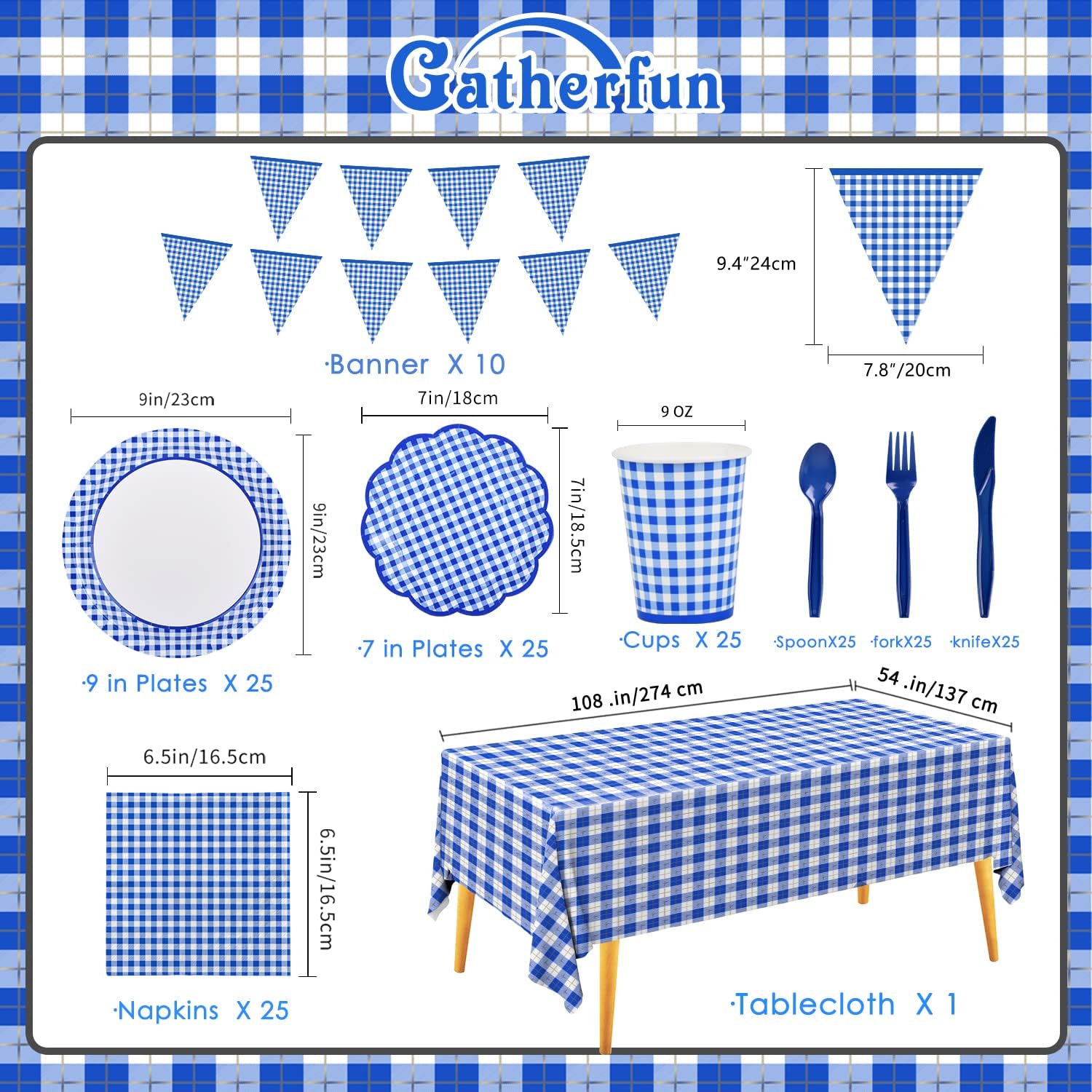 Thumbnail 4 de Gatherfun Gingham Blue and White Party Supplies — Disposable 25-Person Tableware Set with Tablecloth and Banner