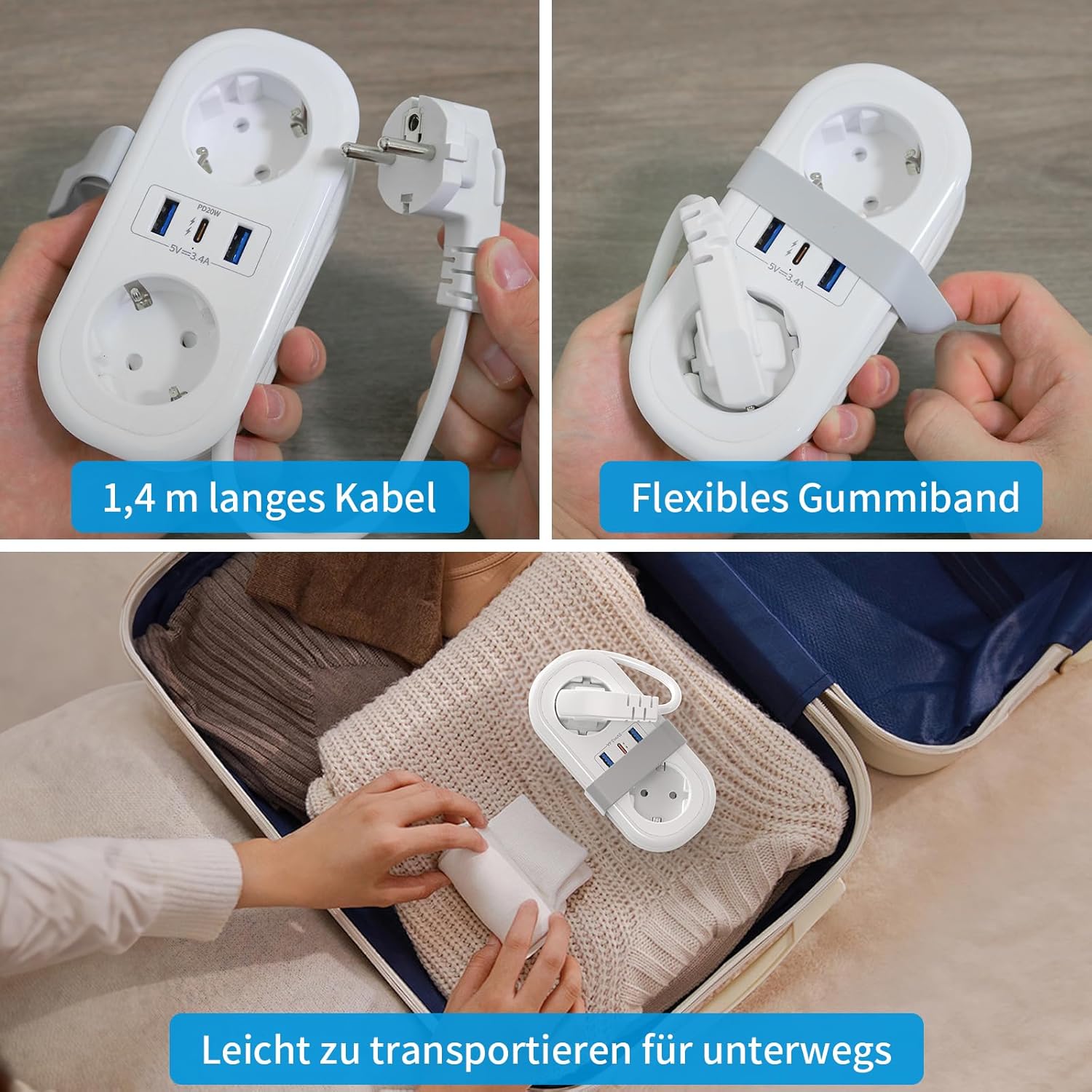 Thumbnail 3 de Reise-Steckdosenleiste STGAROT mit PD20W USB‑C Schnelllade, 5‑in‑1 Verteiler und 1,4 m Kabel