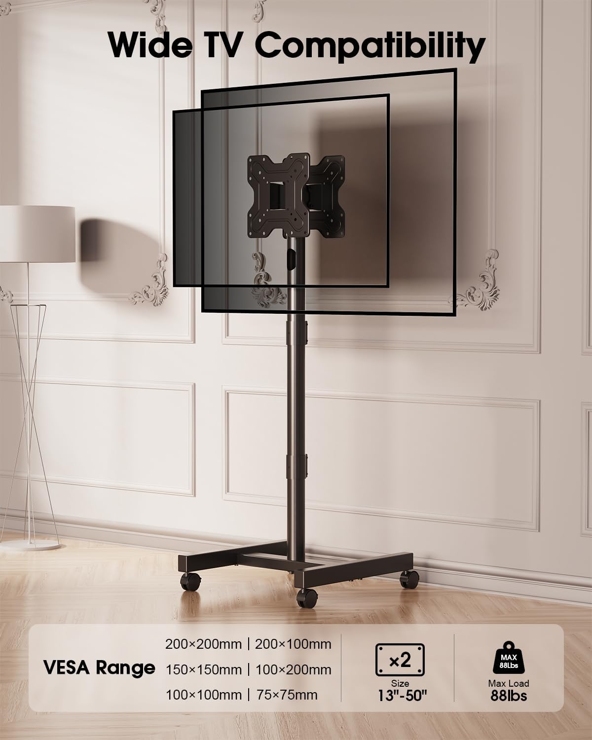 Thumbnail 4 de Xyndyx XYMTS02-WT-200-QH2-B Dual-Screen Rolling TV Stand, 21–50-Inch