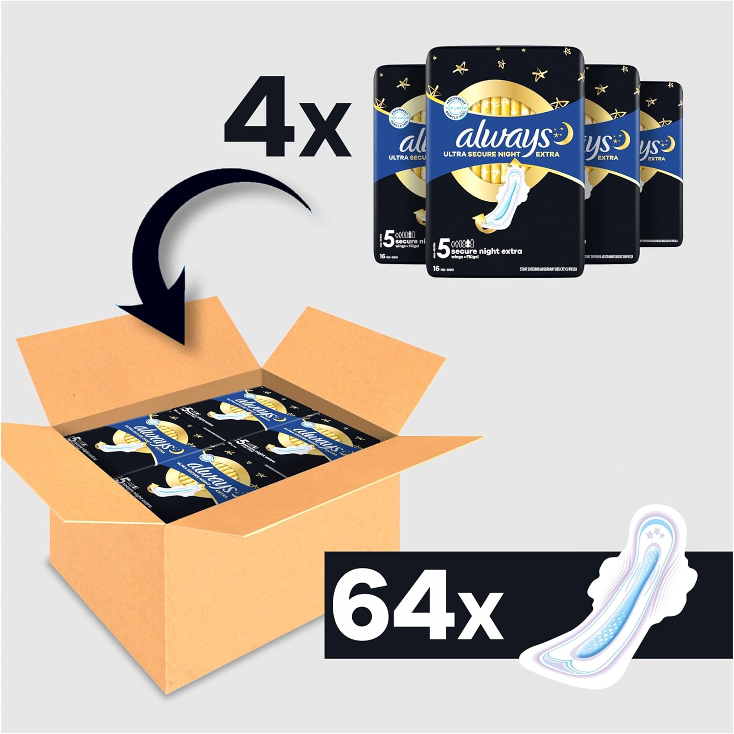 Detalle 2 de Always Ultra Serviettes Hygiéniques Taille 5 Extra Secure Night, 64 unités - Absorption renforcée et confort premium