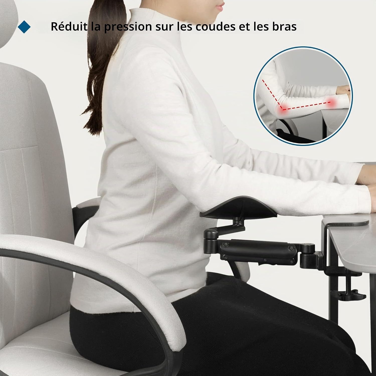 Detalle 2 de BONTEC Ergonomic Arm Rest Support Extender, aluminium bureauarmsteun met draaibare polssteun
