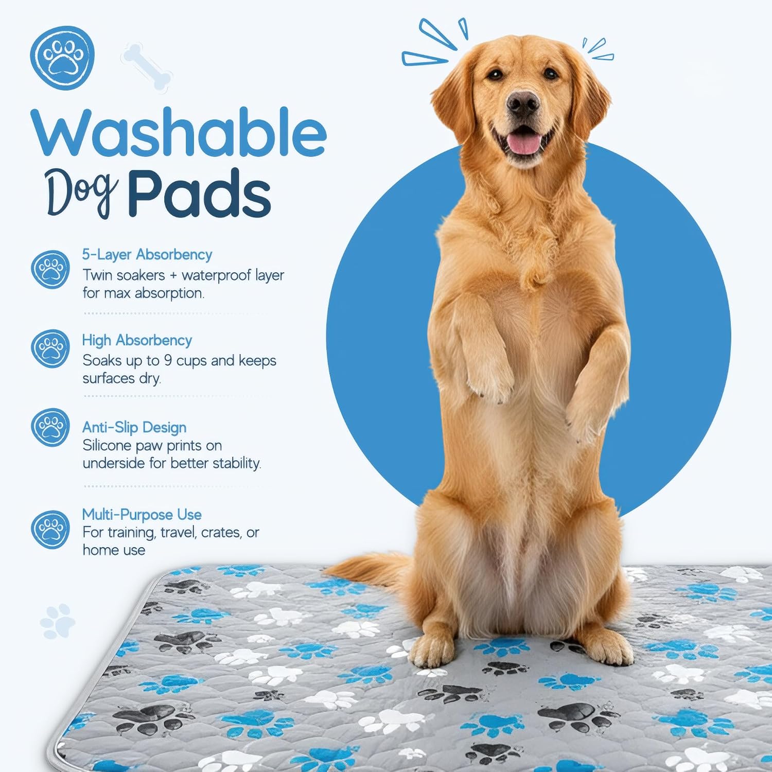 Detalle 2 de MAGNUS CREATIONS 5-Layer Washable Puppy Training Pads – Reusable 60×90 cm (2-Pack) for Medium & Large Dogs