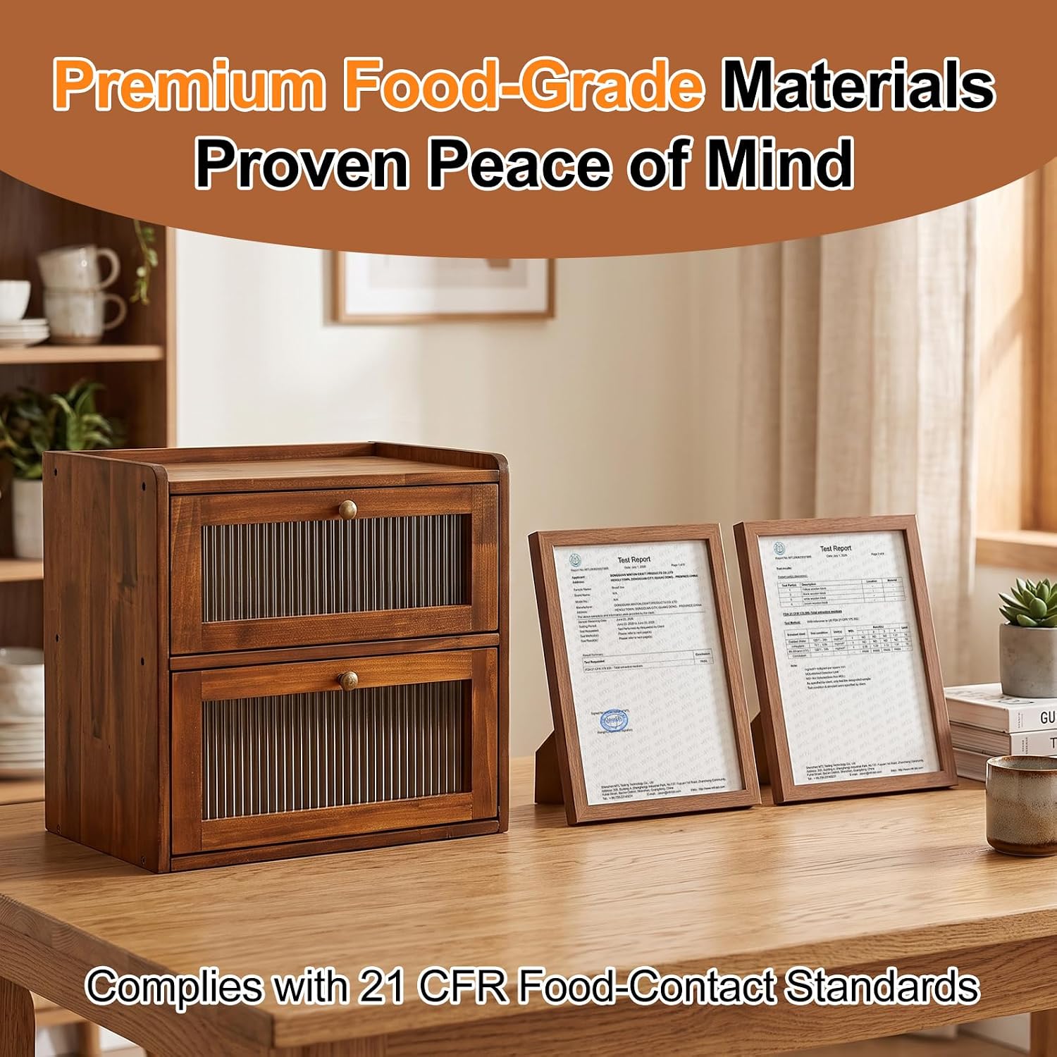 Detalle 2 de Alpeir Double-Layer Bread Box, Brown Pine Wood with Acrylic Window and Vents