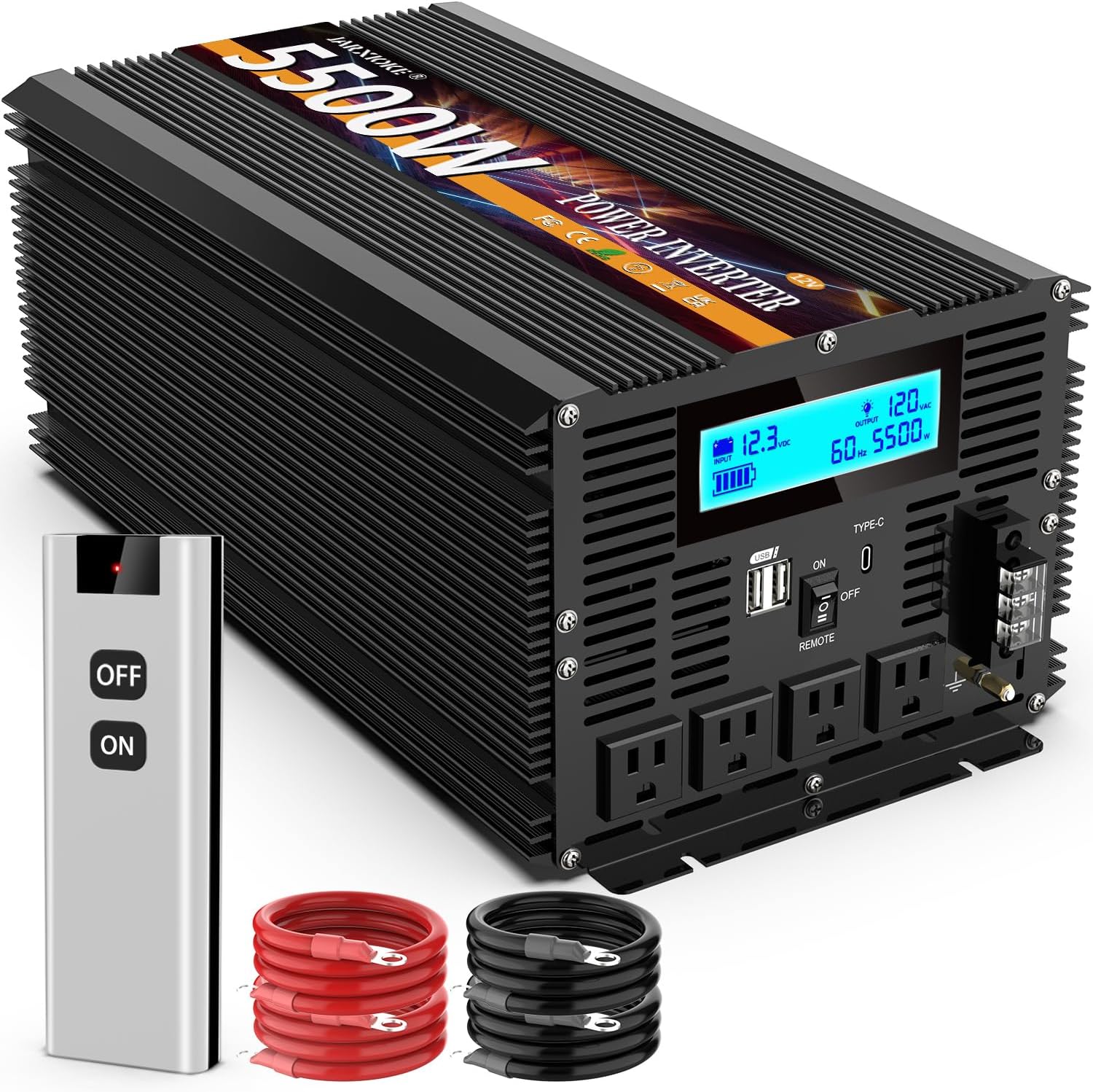 Detalle de 5500W 12V DC to 110/120V AC Inverter with LCD, Type-C, 3 Outlets, Dual USB, Remote