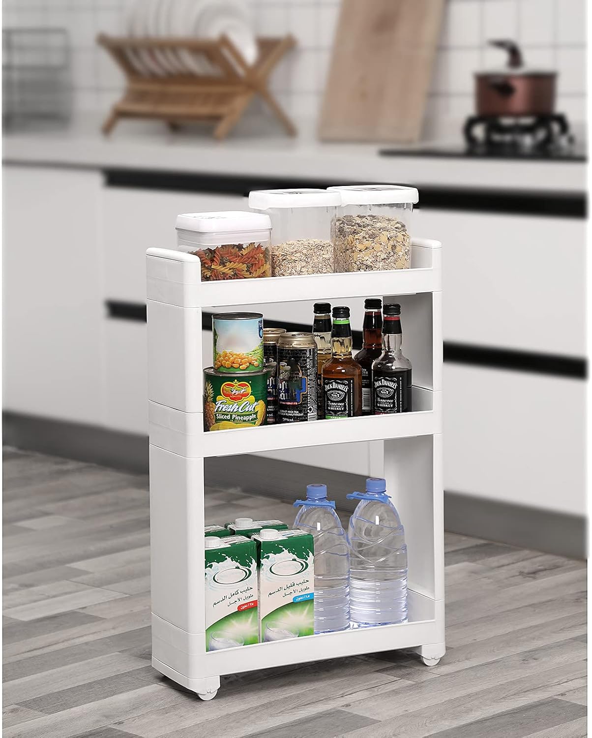 Detalle de SONGMICS Ripiani Stretti Carrello Mobile a 3 Livelli KFR09WT: compatto, versatile e facile da spostare