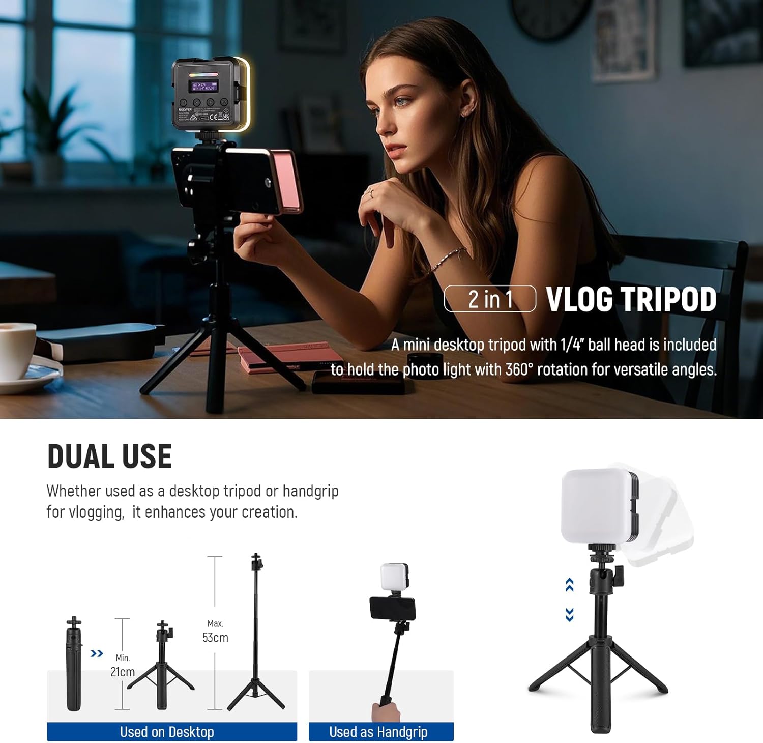 Thumbnail 4 de NEEWER Lampe vidéo magnétique RVB RGB62 compacte (contrôle via application, trépied de bureau, CRI97+)