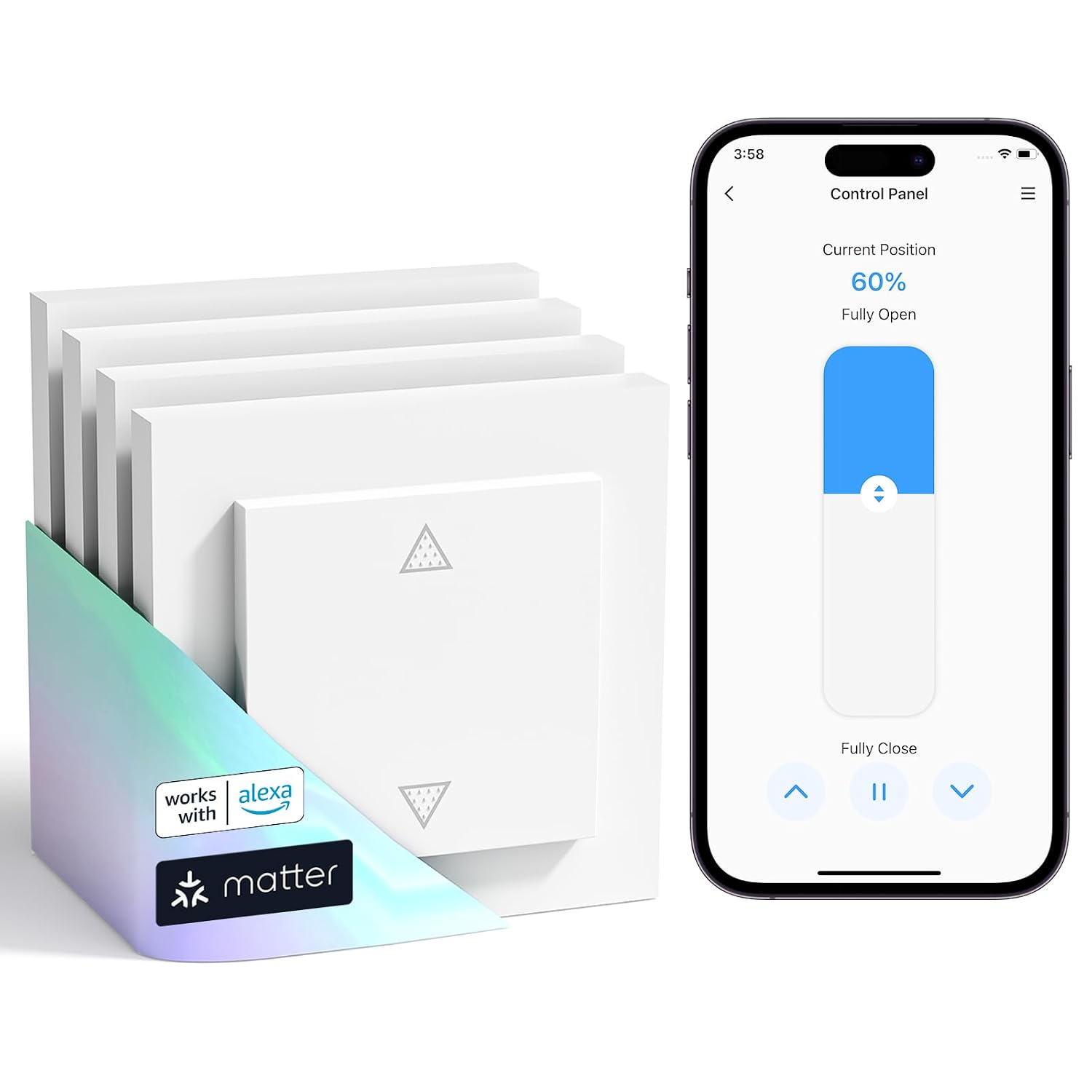 Detalle de Meross Matter WLAN-Rolladenschalter Smart (NEUTRALKABEL ERFORDERLICH) – Elfenbein, 55×55 mm, 80×80 mm