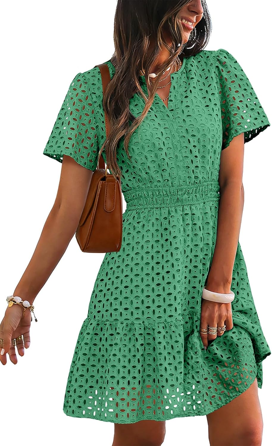 Thumbnail 2 de RUMIA Women's Dresses 2026 Summer V-Neck Eyelet Lace A-Line Short Dress
