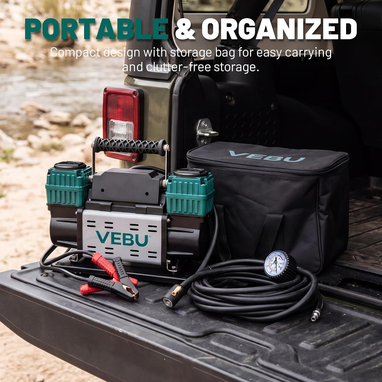 Detalle de VEBU Heavy Duty 12V Tire Inflator, Dual-Cylinder 125 PSI Compressor