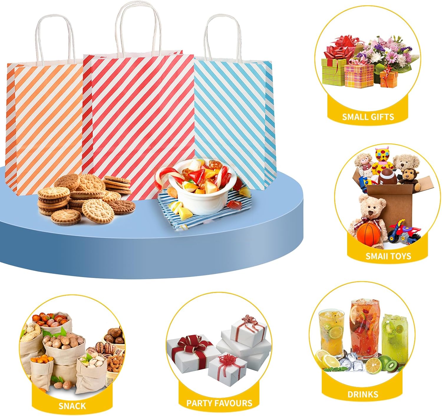 Detalle 2 de 10 Stück Geschenktüten Geburtstag Partytüten Kindergeburtstag bunte Streifen mit Henkel – 21x15x8 cm