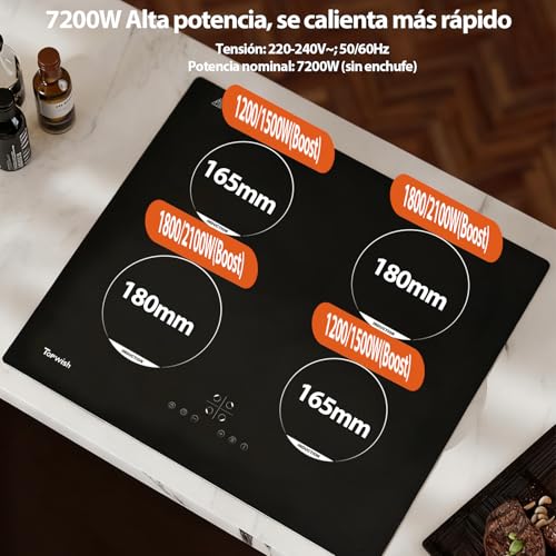 Detalle de TOPWISH placas de inducción de 60 cm con 4 fuegos y 7200W