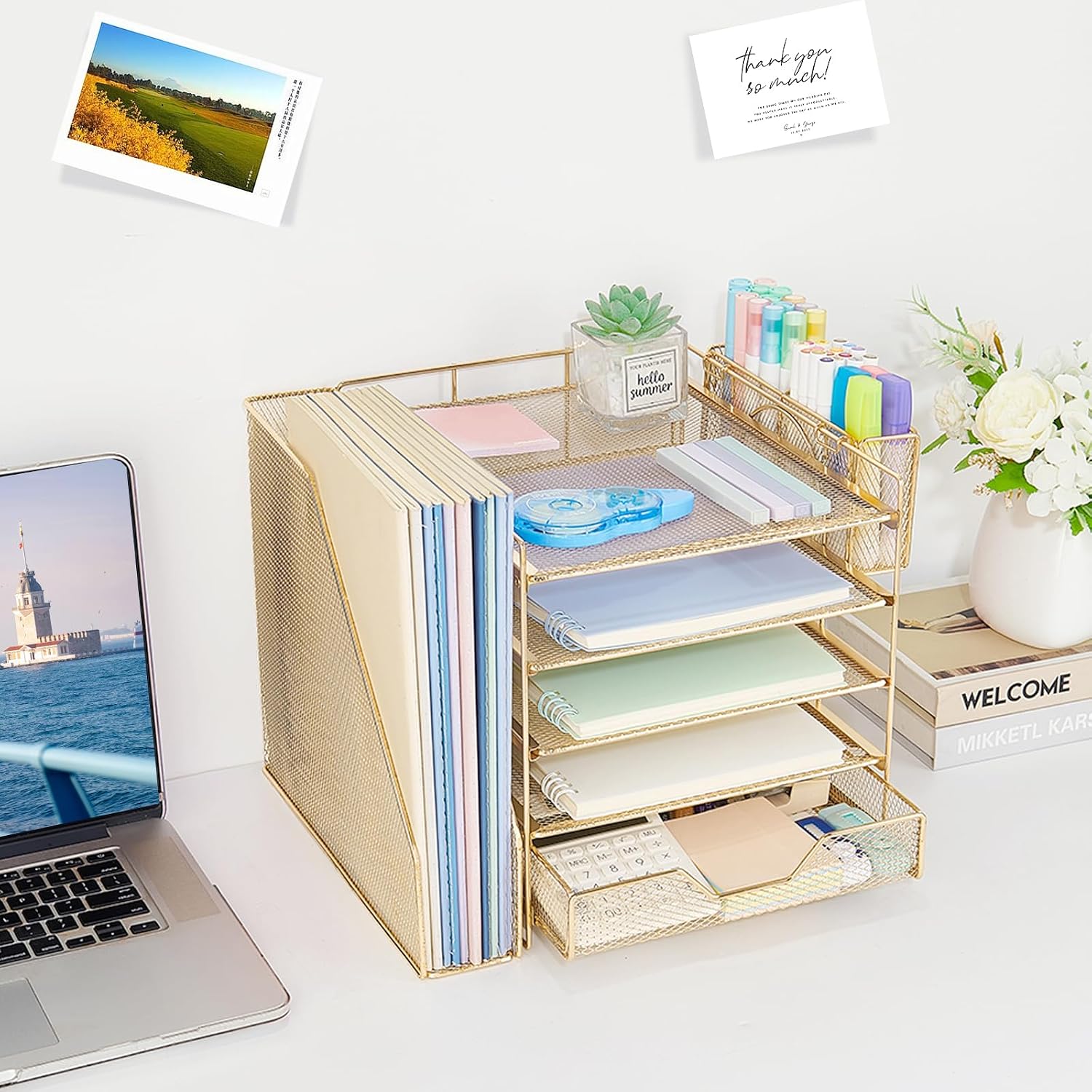 Detalle de Gugsey 5-Tier Desk File Organizer with Drawer and Pen Holder, Gold
