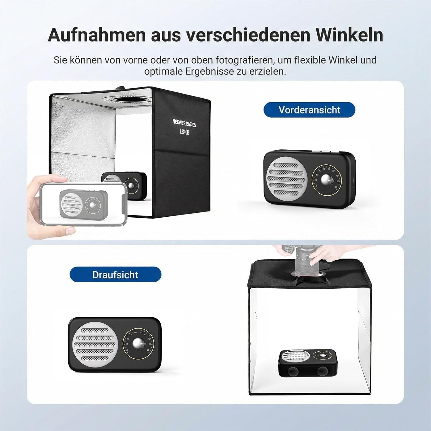 Thumbnail 2 de NEEWER BASICS Fotobox LB40B (40 x 40 cm) – zweifarbiges Lightzelt mit 6 Hintergründen, 120 dimmbare LEDs