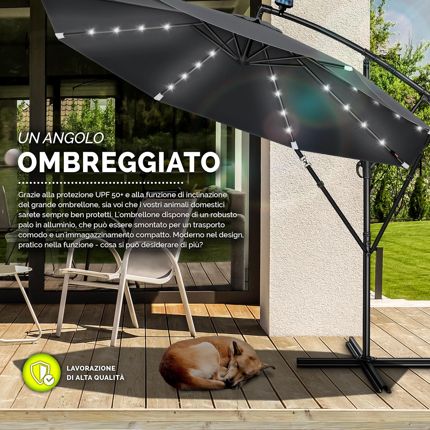 Thumbnail 6 de tillvex Ombrellone da giardino LED solare Ø300 cm con manovella e base