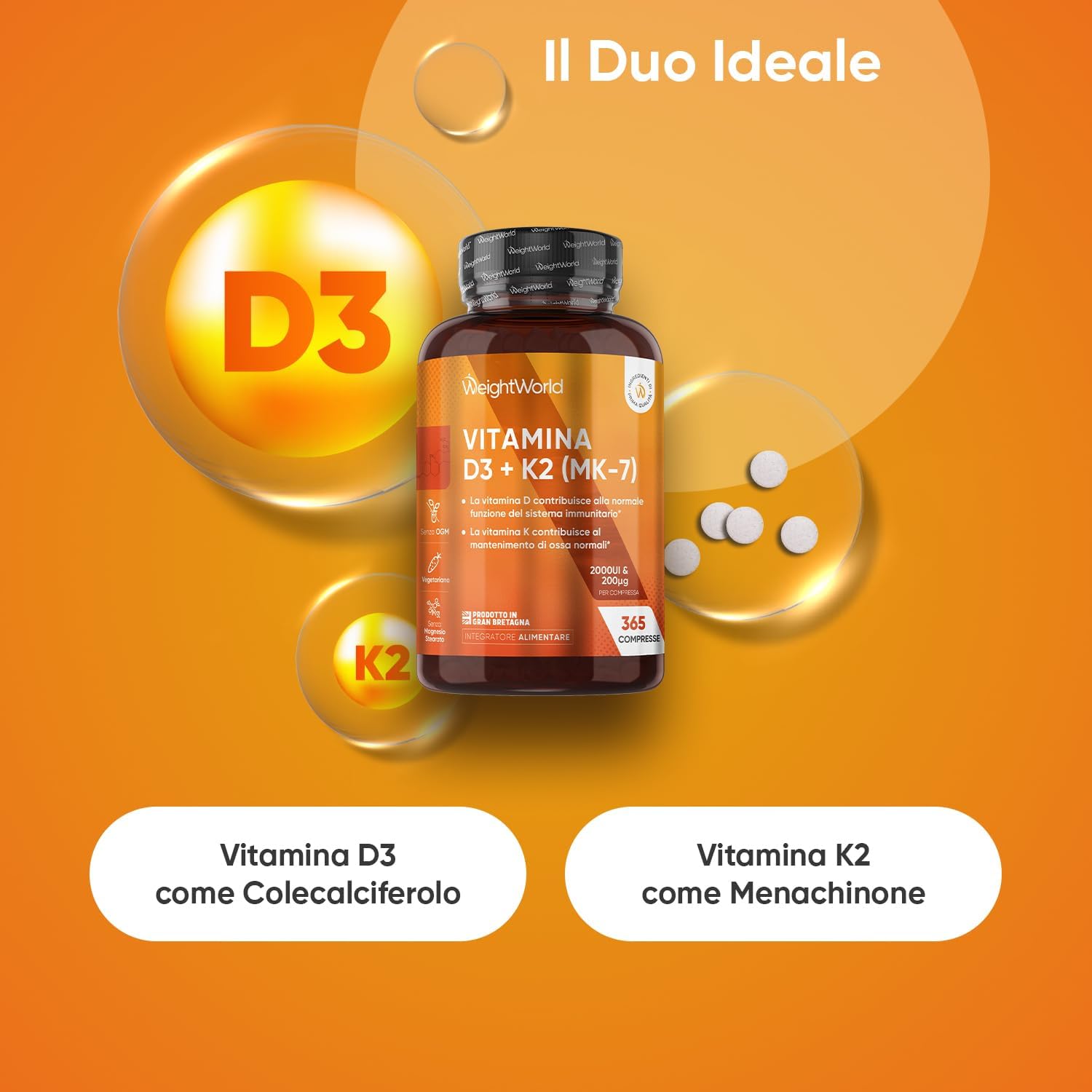 Thumbnail 1 de Vitamina D3 + K2 WeightWorld: 1 compressa al giorno, 365 compresse, 2000 UI D3 e MK-7 200 μg per un anno di supporto osseo