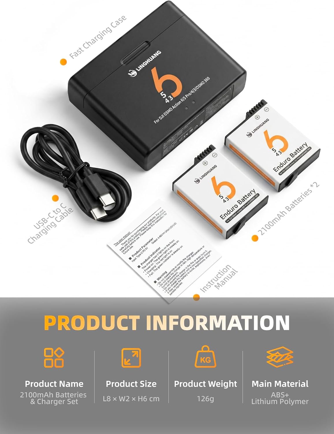 Thumbnail 6 de OSMO Action 5 Pro Battery & Fast Charger Set (2 Pack) with 2100mAh Batteries and PD 9V Quick Charge
