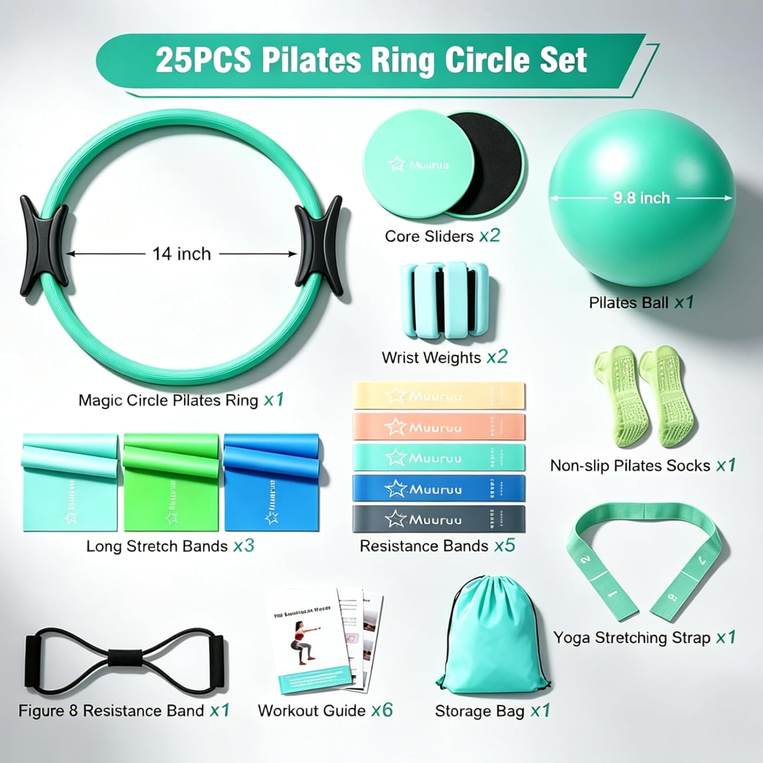 Detalle de Muuruu Pilates Equipment Kit for Home Workout (14" Magic Circle + Ball, Ring, Bands, Weights & Accessories)