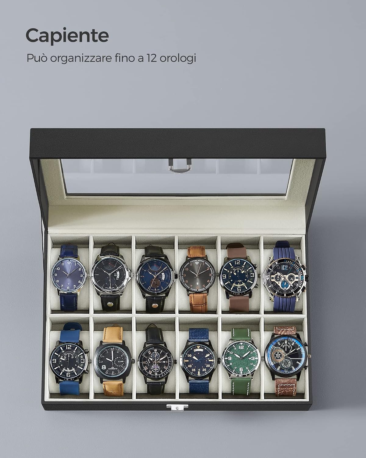 Detalle de SONGMICS Scatola Porta Orologi con 12 Scomparti – Cofanetto elegante con coperchio in vetro e fodera in velluto beige