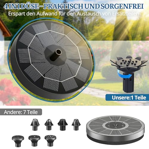 Detalle de HOAMZ Solarbrunnen für Außen 3.0W | 160 mm, 4-in-1 Düse, schwimmende Pumpe für Garten, Teich, Vogelbad