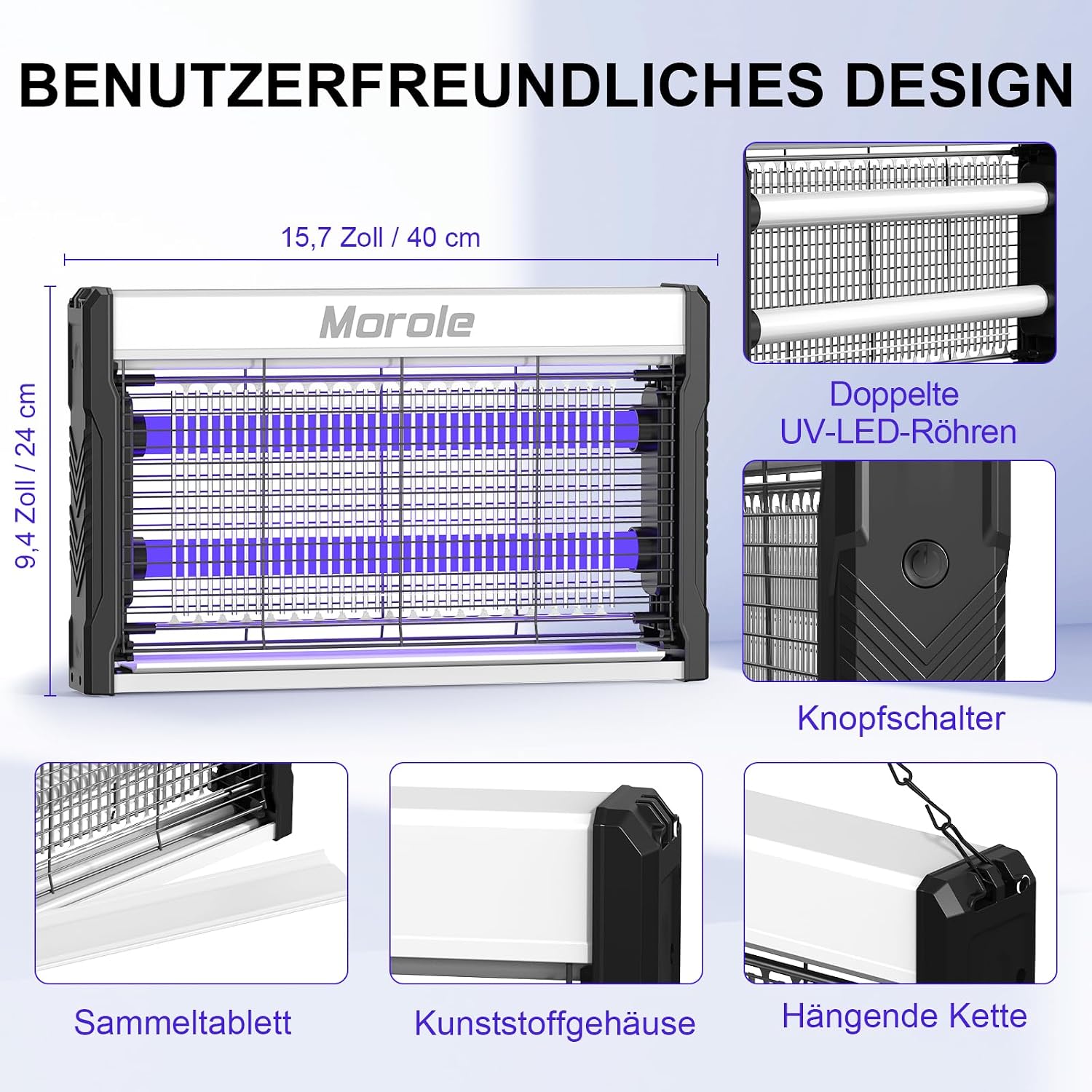 Thumbnail 6 de Morole 3200V Insektenvernichter – 2 UV LED-Lampen, Wandmontage, Kabellösung, Innen & Außen