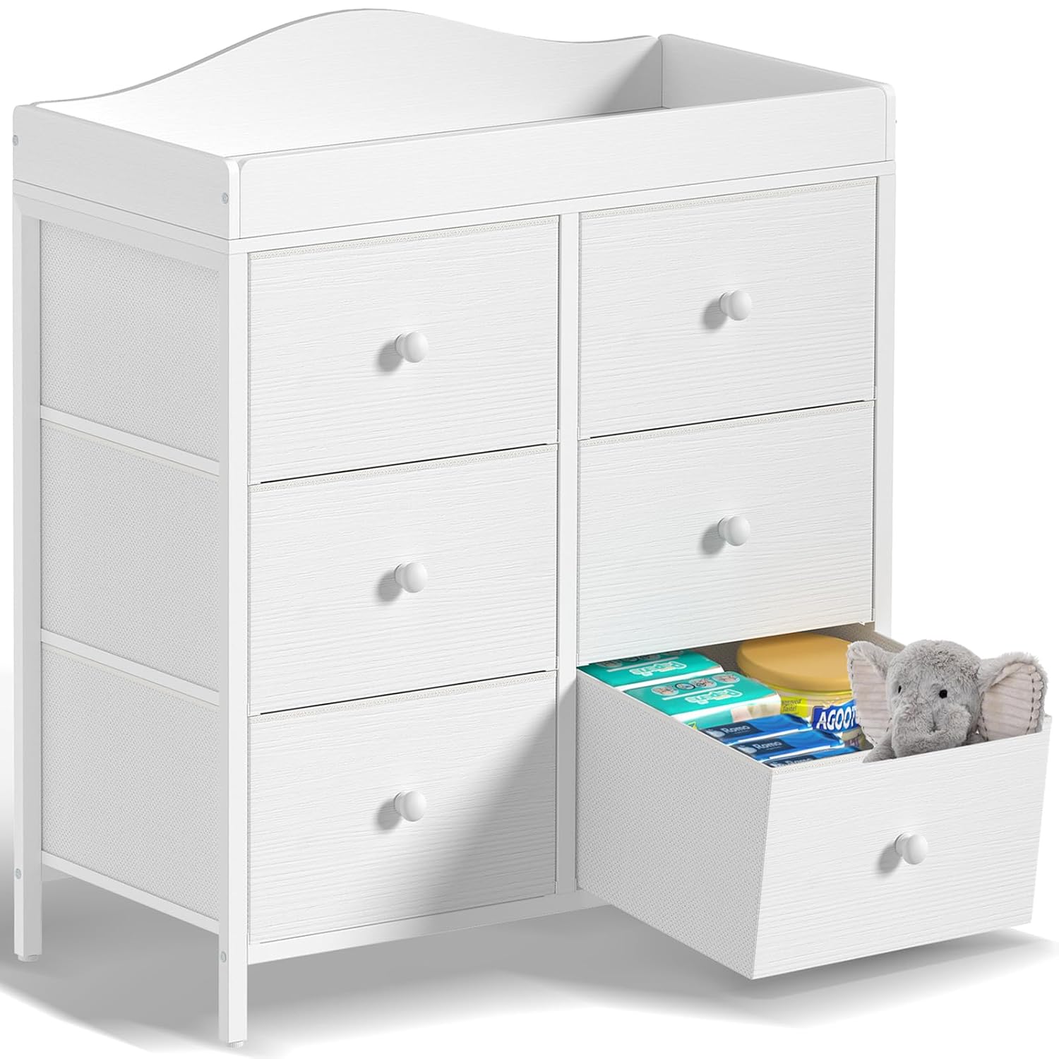 BOLUO CT6-W White Changing Table Dresser with 6 Fabric Drawers