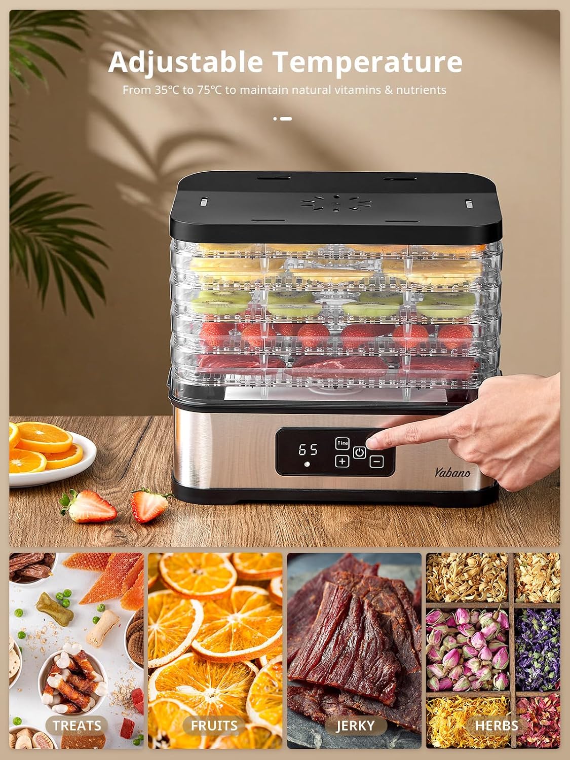 Detalle 2 de Yabano GGJ-300B voedseldroger met 5 BPA-vrije trays en digitale timer