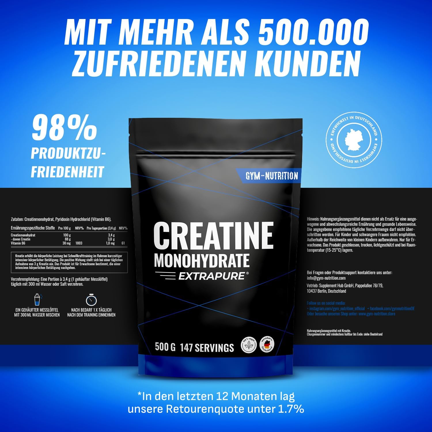 Detalle de Creatin Monohydrat Pulver 500 g — mikronisiert, vegan 💊