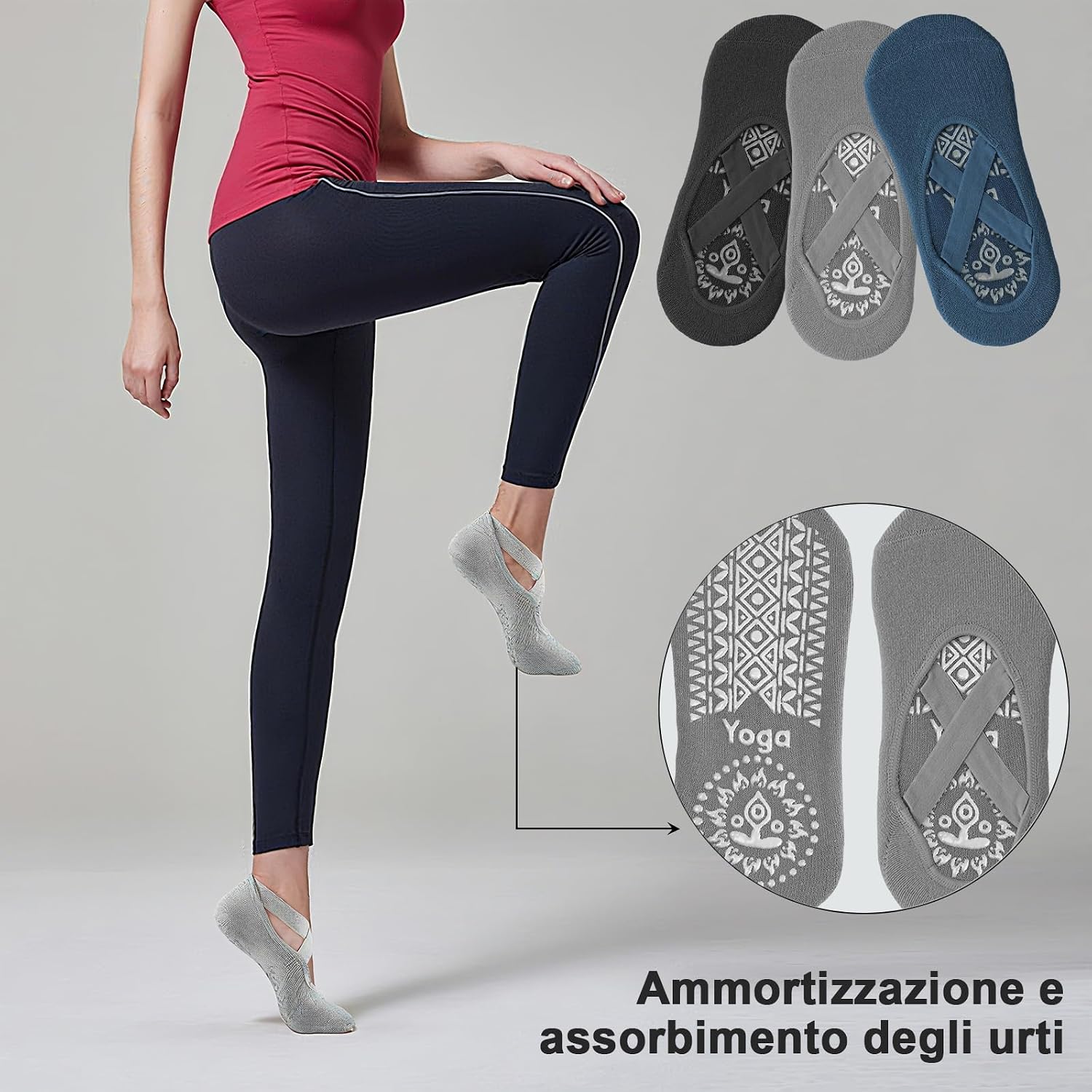 Detalle de NHDDGR Calzini Pilates Donna antiscivolo con cinturino elastico (3 paia), taglia unica EU 35–40