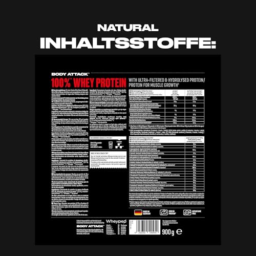 Detalle 2 de Body Attack 100% Whey Protein Natural – 900 g: Cremiges Eiweißpulver aus Deutschland für Muskelaufbau