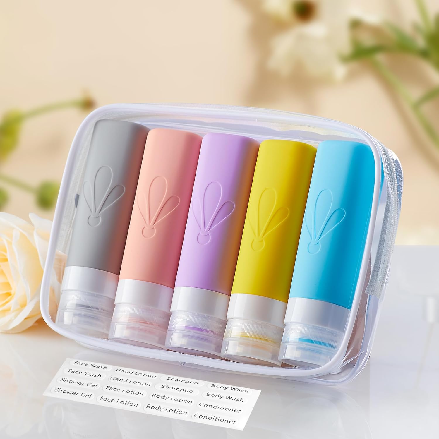 Detalle de INSFIT Travel Bottles for Toiletries (90ml) – CAA Approved, BPA Free Silicone, Leak Proof with 16 Labels