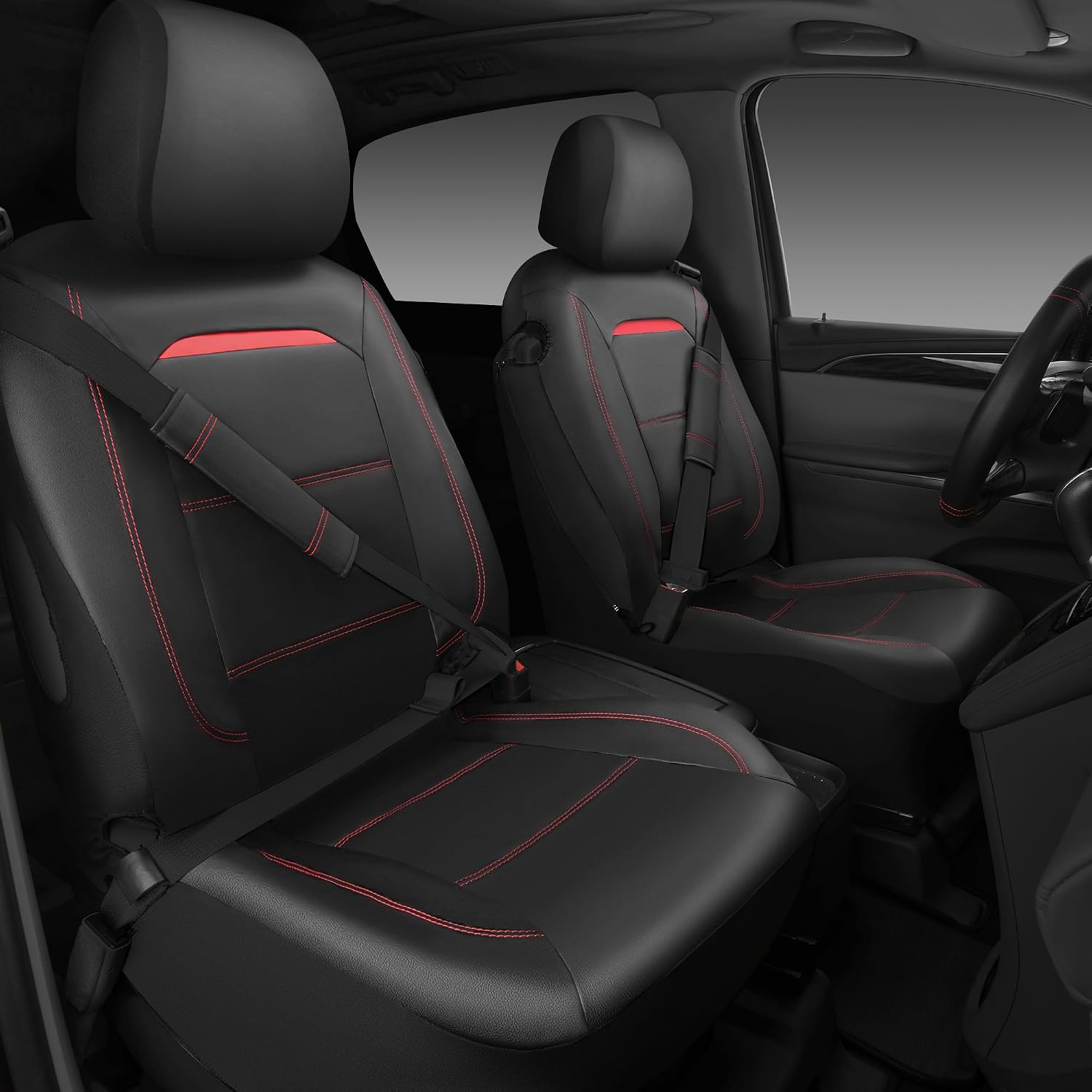 Detalle 2 de CAR PASS Full Leather Seat Cover Set with Steering Wheel Cover and 2 Seat Belt Pads for Trucks and SUVs, Combo Black/Red