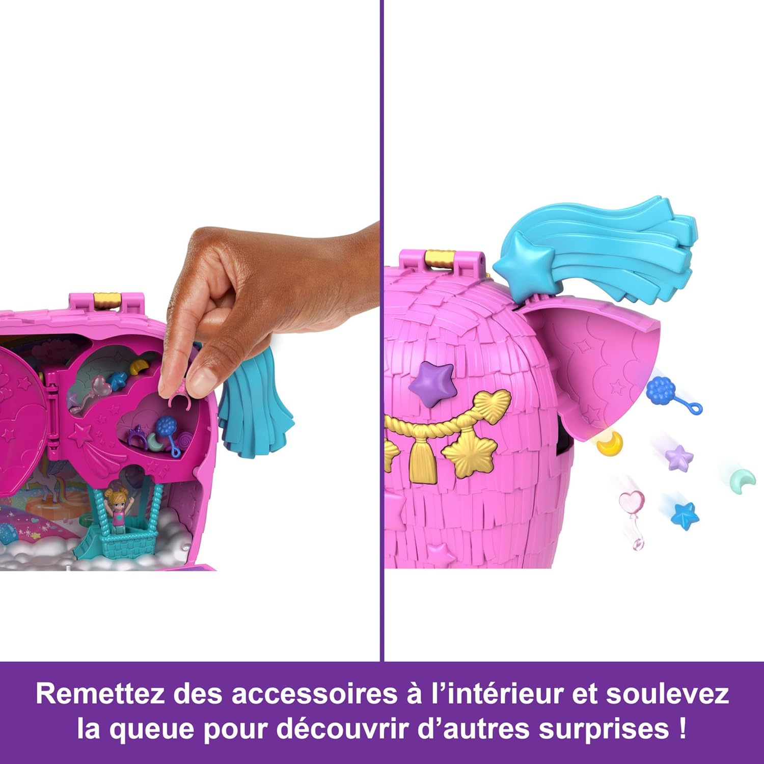 Detalle de Coffret Polly Pocket Les licornes font la fête HYD96 (ballade en montgolfière, poupées et + de 25 accessoires surprises)