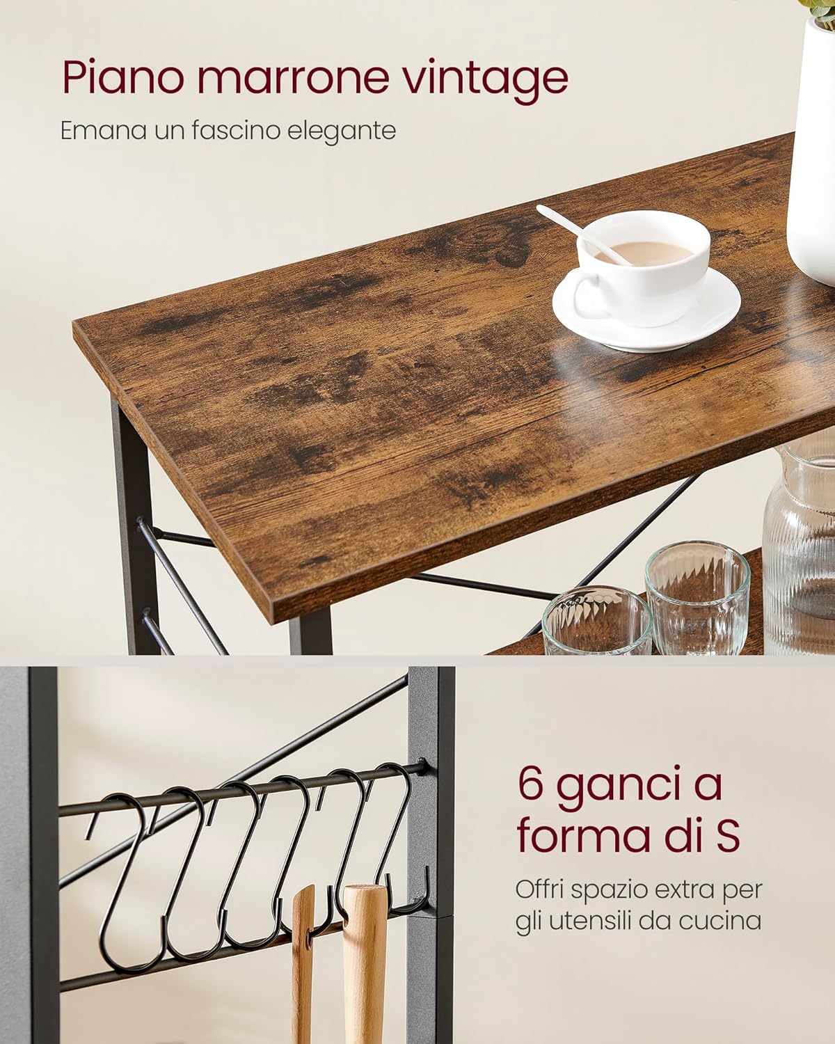 Thumbnail 3 de VASAGLE Carrello da cucina su ruote con 3 ripiani e 6 ganci KKS060B42, 40 x 60 x 89 cm (nero)