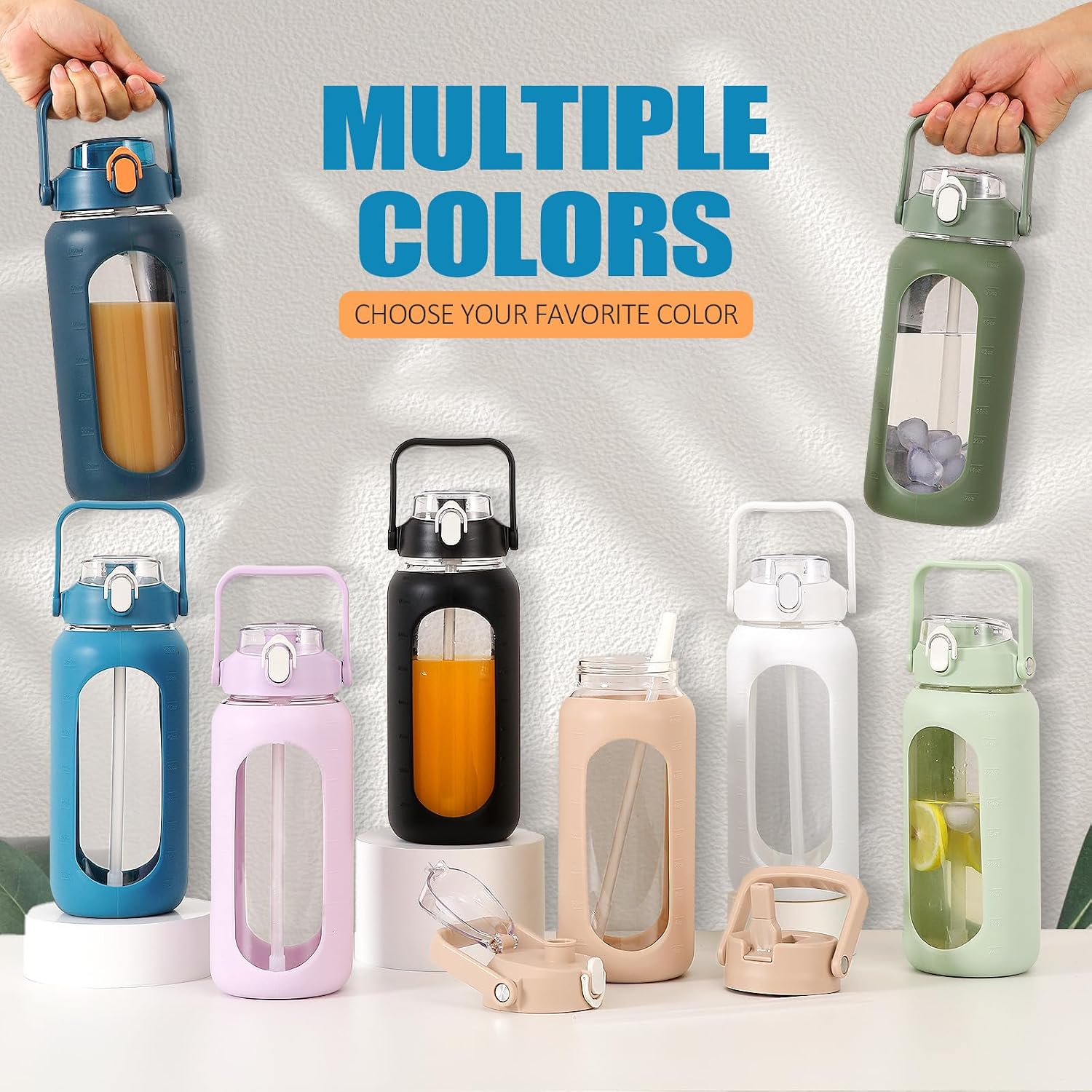 Thumbnail 6 de BLUEGO 2-Liter Glasflasche mit 2 Deckeln, Zeitmarkierungen und Strohhalm – auslaufsicher