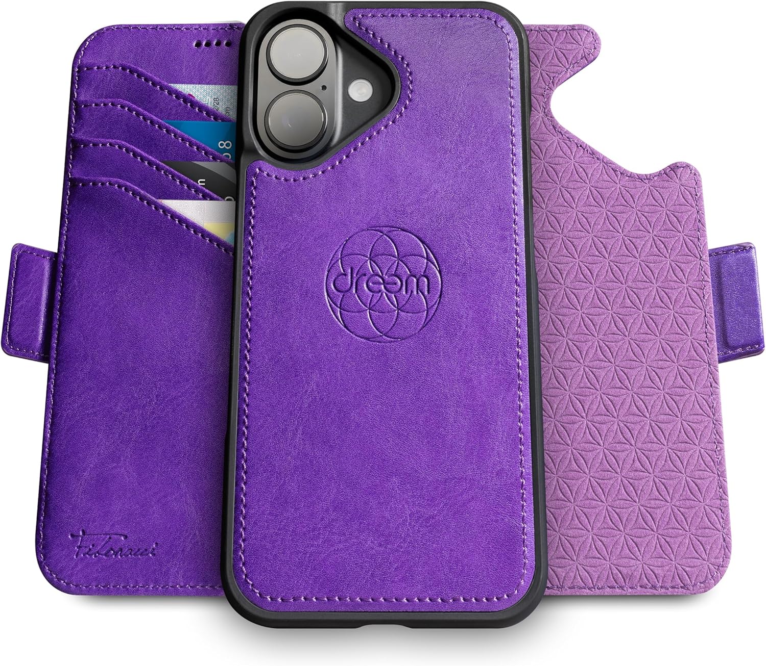 Detalle de Dreem Lederhülle für iPhone 16 – Revolutionärer Ständer, abnehmbare Wallet und RFID-Schutz