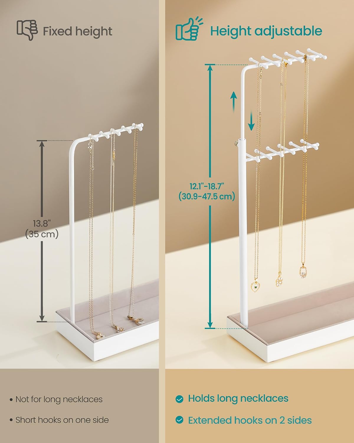 Detalle 2 de SONGMICS CAELEY JJS026W01 Adjustable Jewellery Stand with Velvet-Lined Tray