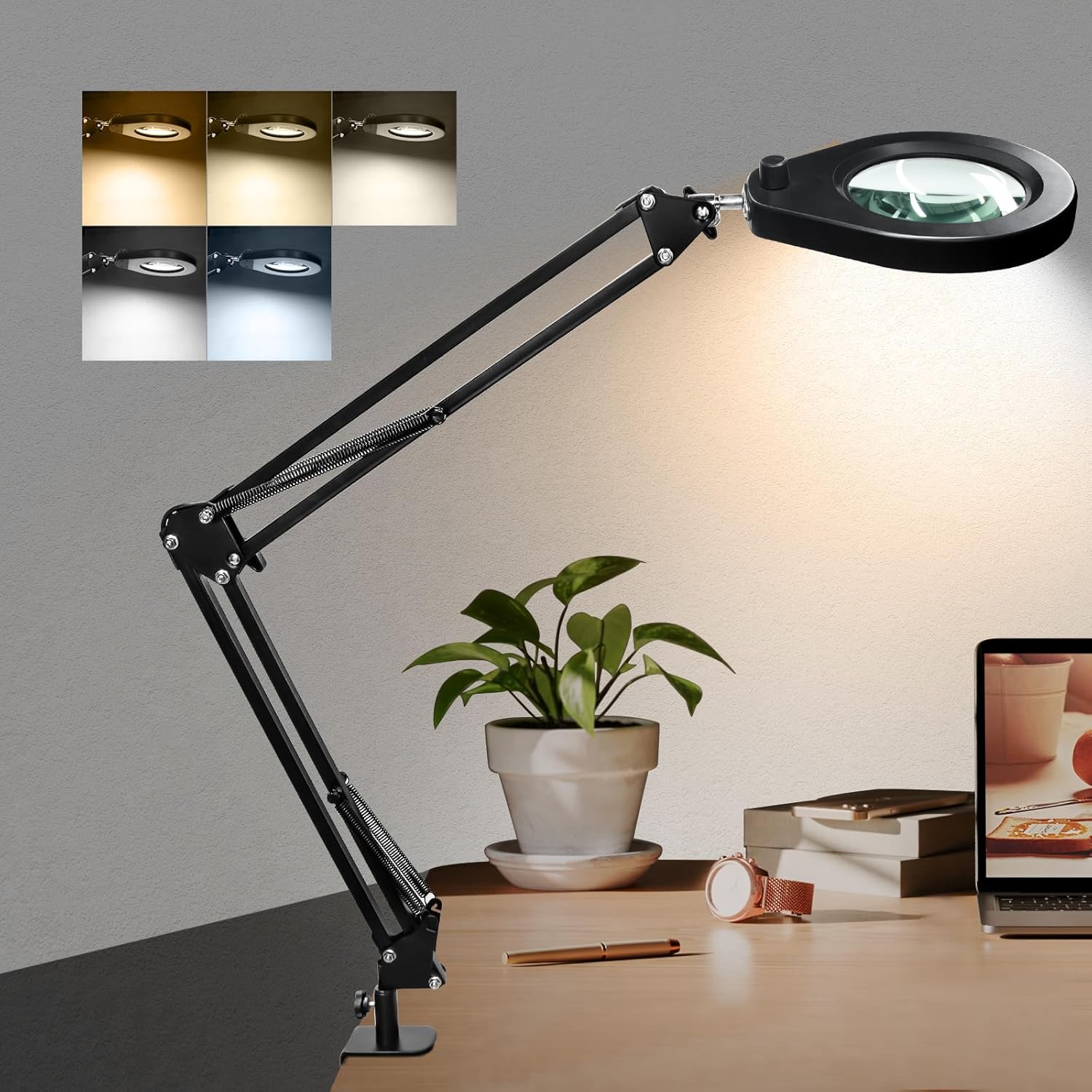 Thumbnail 1 de Beyamz lampada d’ingrandimento con lente 5 diottrie, morsetto acciaio da 6,4 cm e LED dimmerabili (braccio girevole 90 cm)