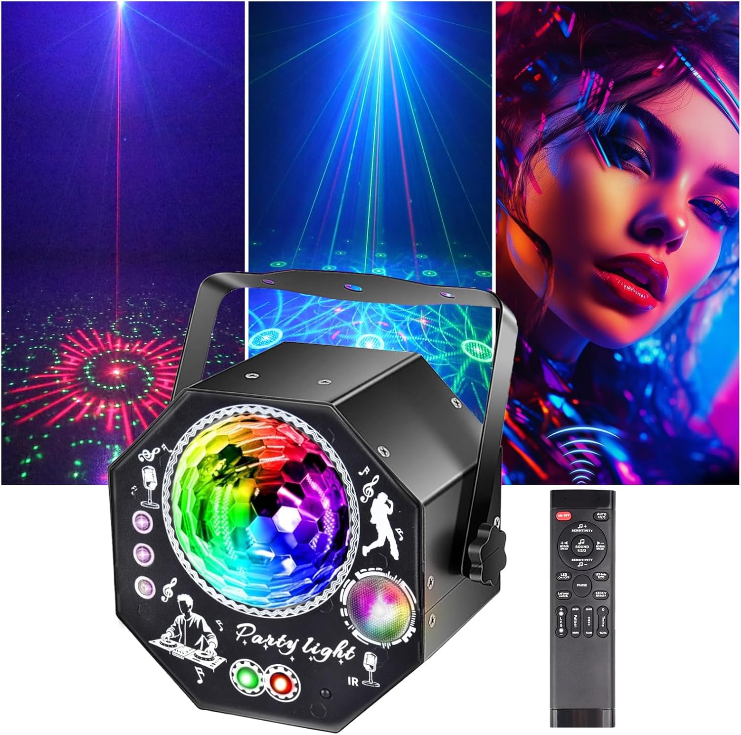 Detalle de 4-in-1 Discolicht Partylicht mit Fernbedienung – 75 Effekte, RGB/UV, Musikgesteuert