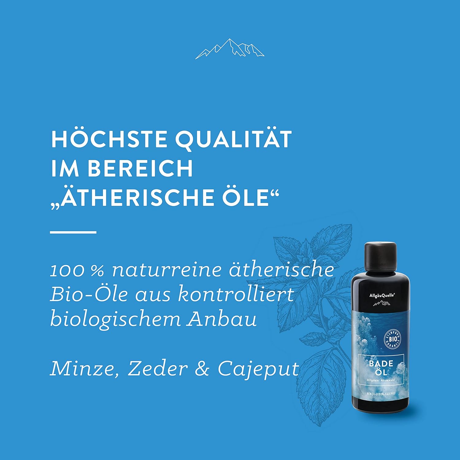 Detalle 2 de AllgäuQuelle® BIO-Badeöl „Allgäuer Atemwohl“ mit Bio-Ölen (Jojoba, Minze, Zeder, Cajeput) – 100 ml