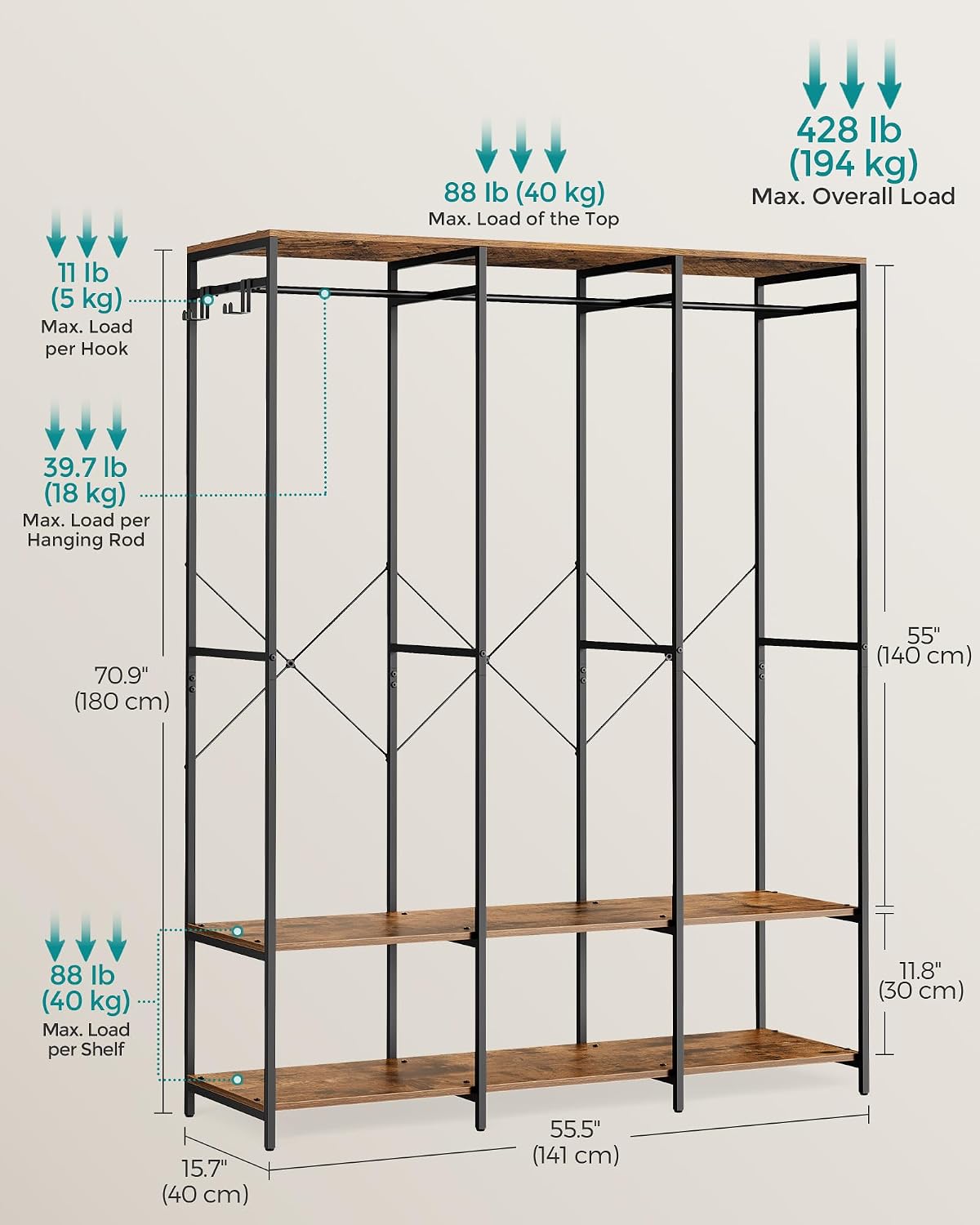 Detalle 2 de SONGMICS RGR005B01 Clothes Rail with Shelves, 141 x 40 x 180 cm